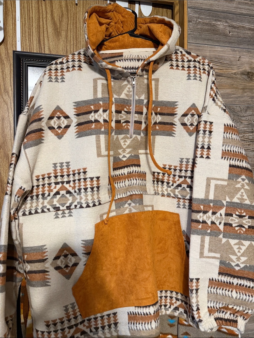 Southwestern Aztec Pullover Hoodie in Cream & Rust